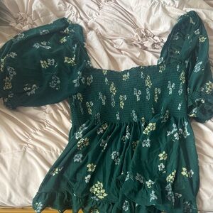 Free People Smocked Emerald Green Floral Puff-Sleeve Women's Top